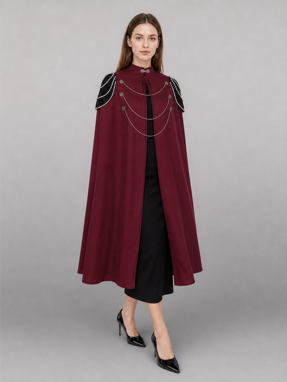 Long burgundy hooded carnival cloak