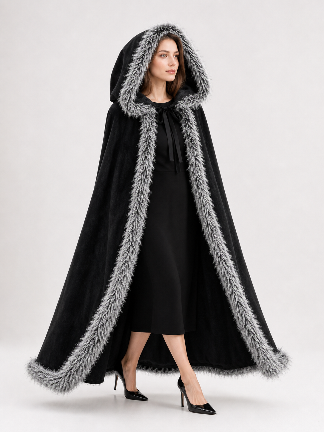 Black carnival cape with hood and shaggy trim