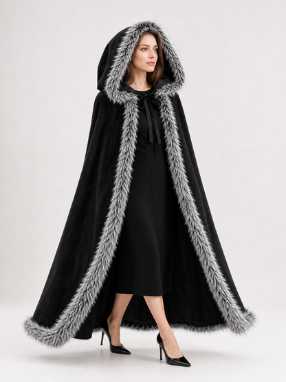 Black carnival cape with hood and shaggy trim