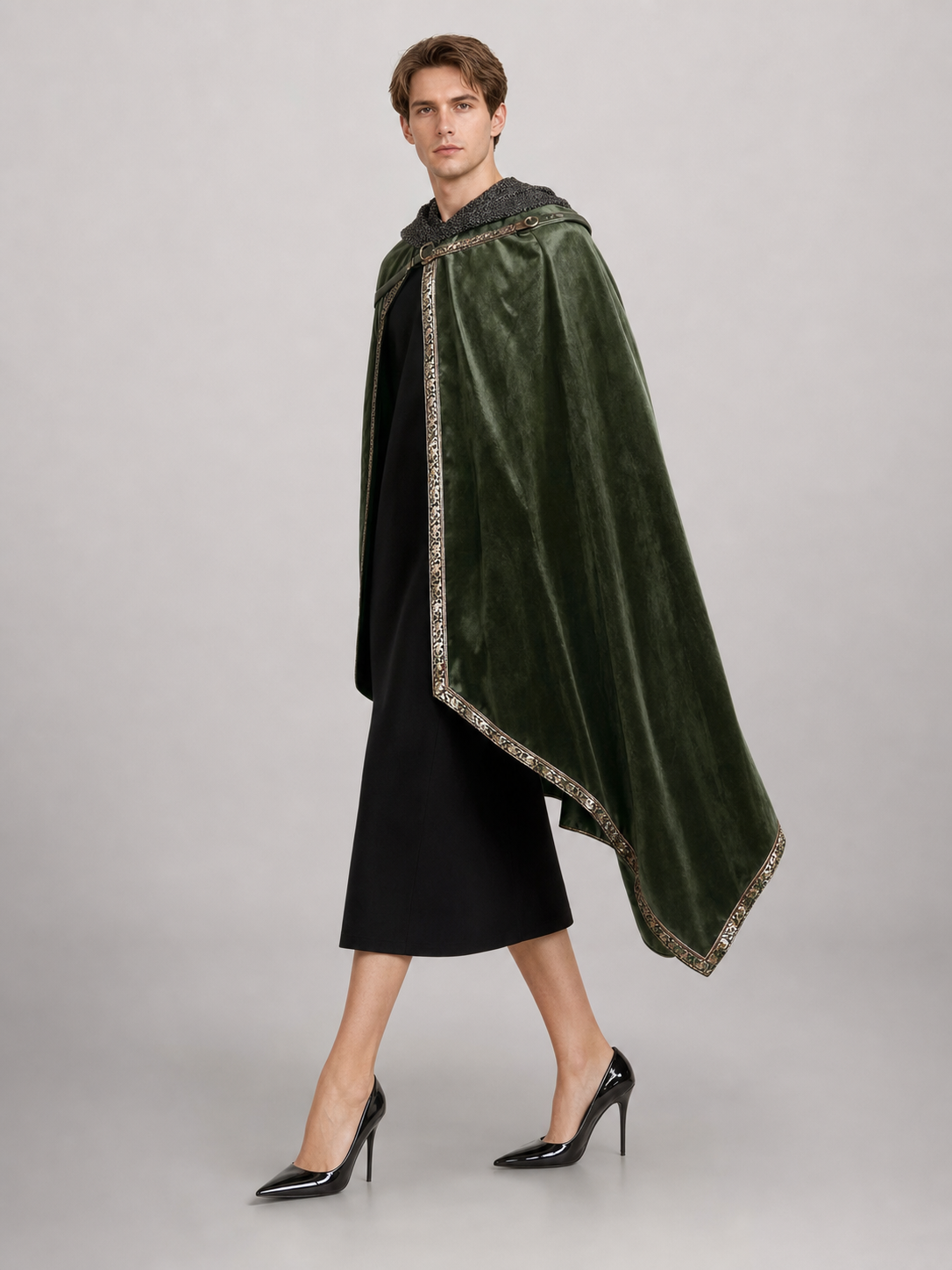 Green asymmetrical long carnival cape
