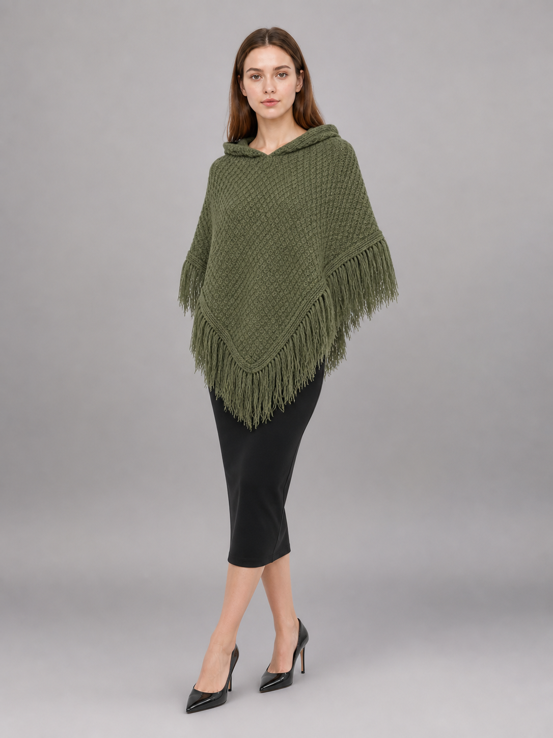Triangular Hooded Poncho Cape with Belt