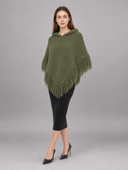 Triangular Hooded Poncho Cape with Belt