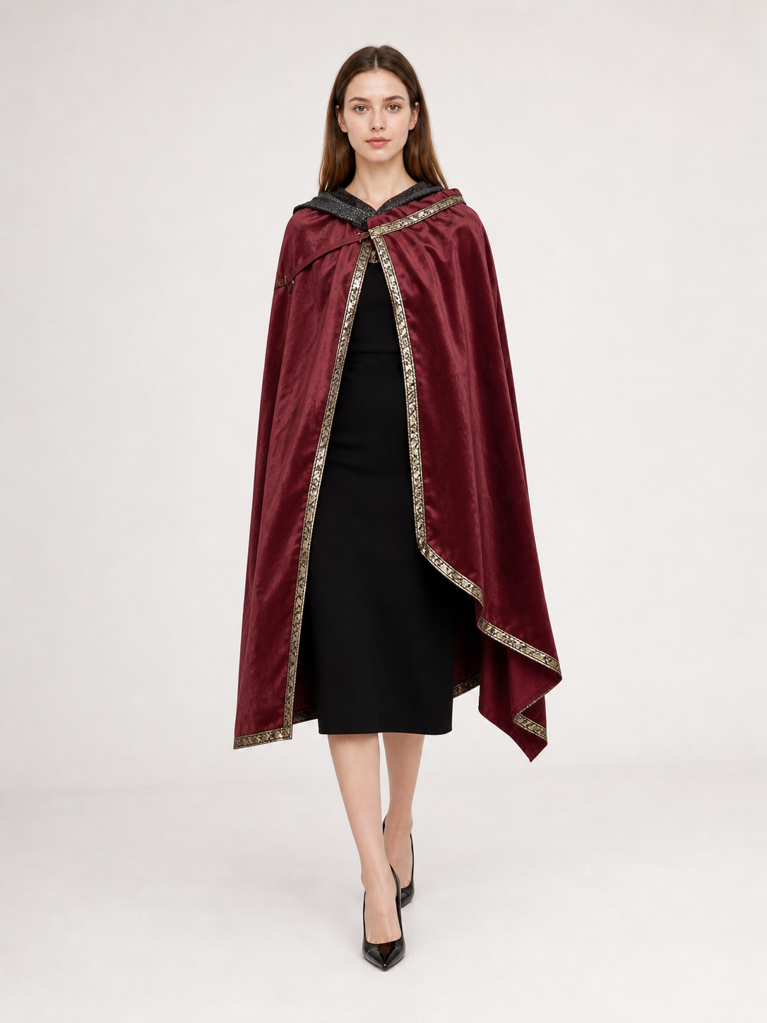 Burgundy velvet-look hooded costume cape product view 78