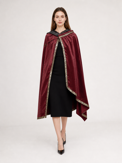 Burgundy velvet-look hooded costume cape product view 78