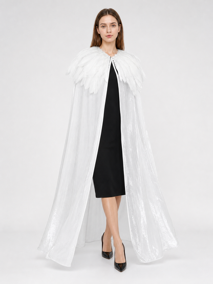 White Velvet Cape with Feather Trim, Maxi