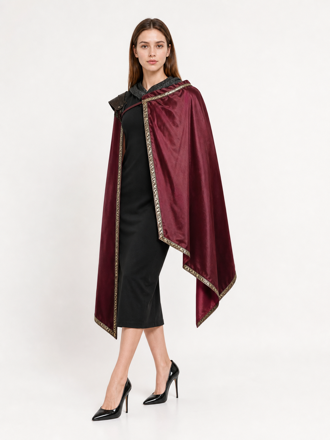 Burgundy velvet-look hooded costume cape product view 79