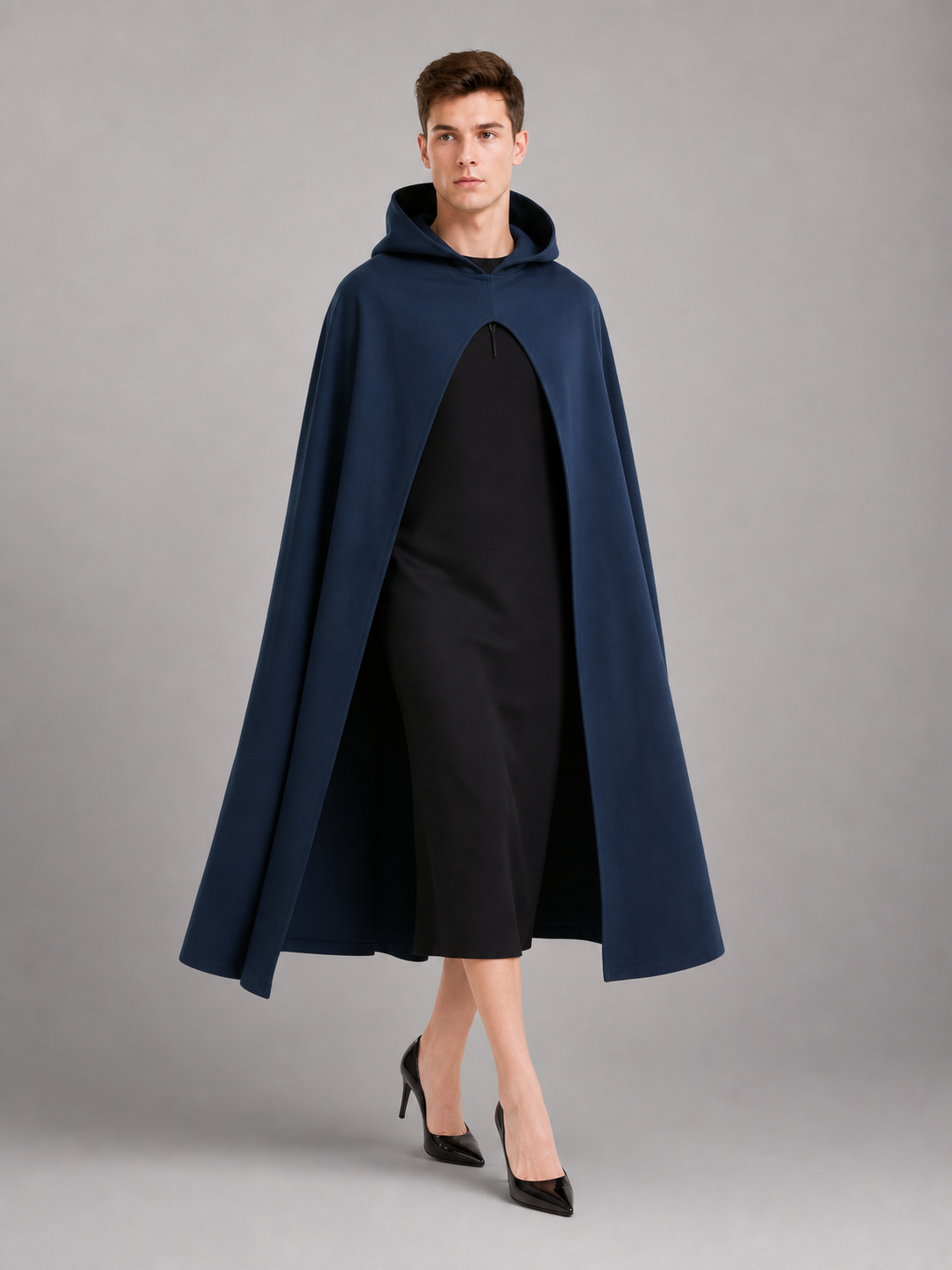 Halloween Costume Women Medieval Hooded Cape, Dark Blue Long with Front Clasp