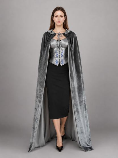 Gray Hooded Long Costume Cape