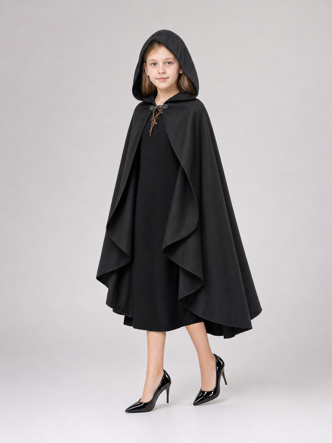Black hooded medieval costume cloak product view 50