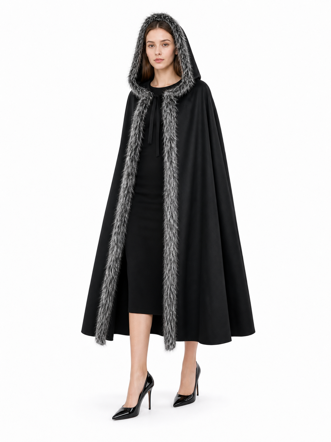 Black hooded costume cloak with fur trim