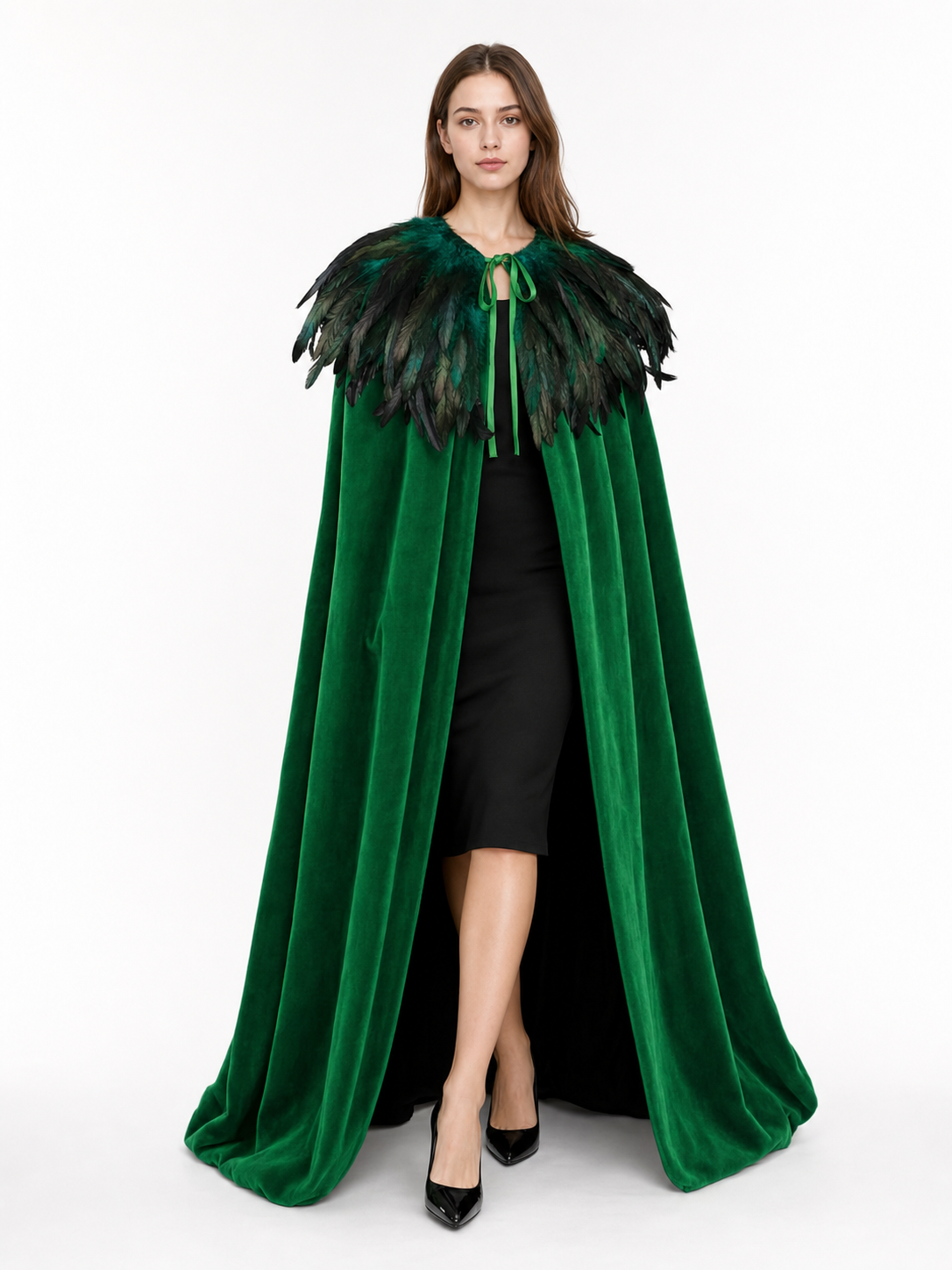Green Carnival Cloak with Feather Trim