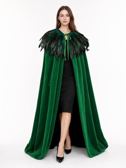 Green Carnival Cloak with Feather Trim