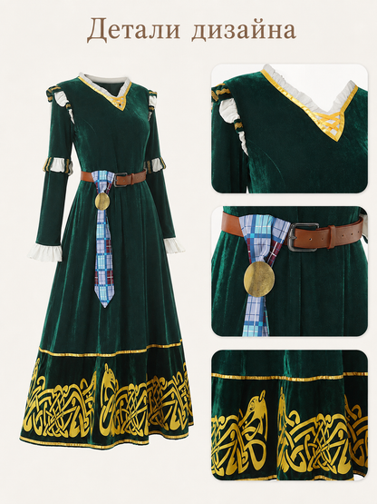 Women’s Medieval Dress with Belt and Gold Decoration detail view