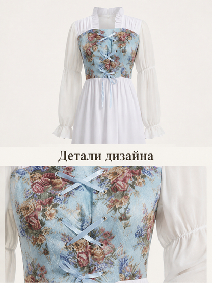 Blue Cosplay Dress with Floral Bodice and Lacing detail view