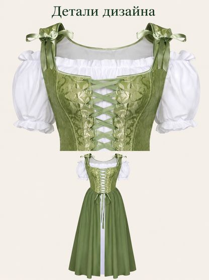 Women's midi dress with a corset and puff sleeves detail view