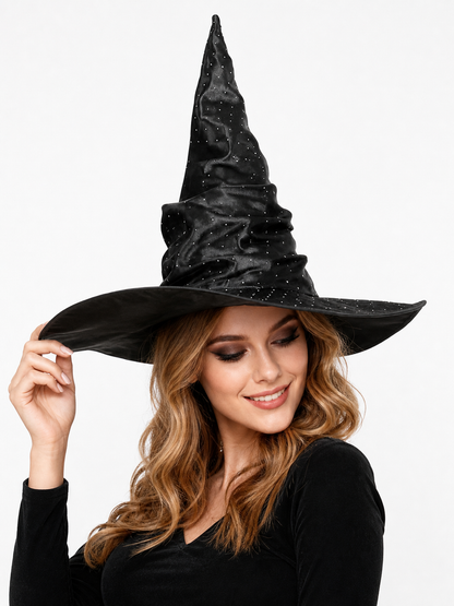 Black Halloween Witch Hat Pointed Wide Brim Ruched Crown With Silver-White Dot Embellishments Costume Accessory