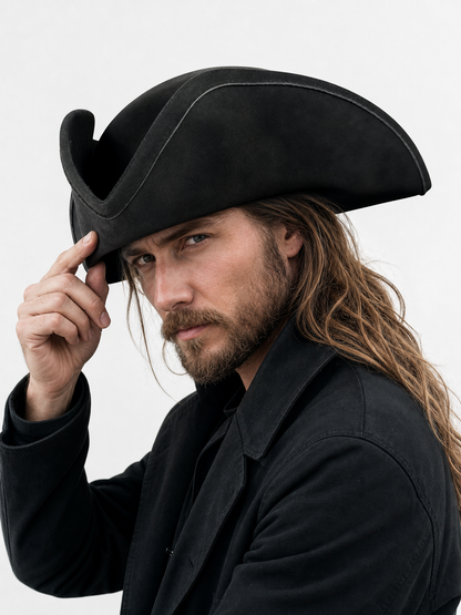 Black Pirate Hat, Large Three-Cornered Tricorn Costume Hat with Wide Brim and Structured Crown for Cosplay, Stage Performances and Pirate-Themed Parties