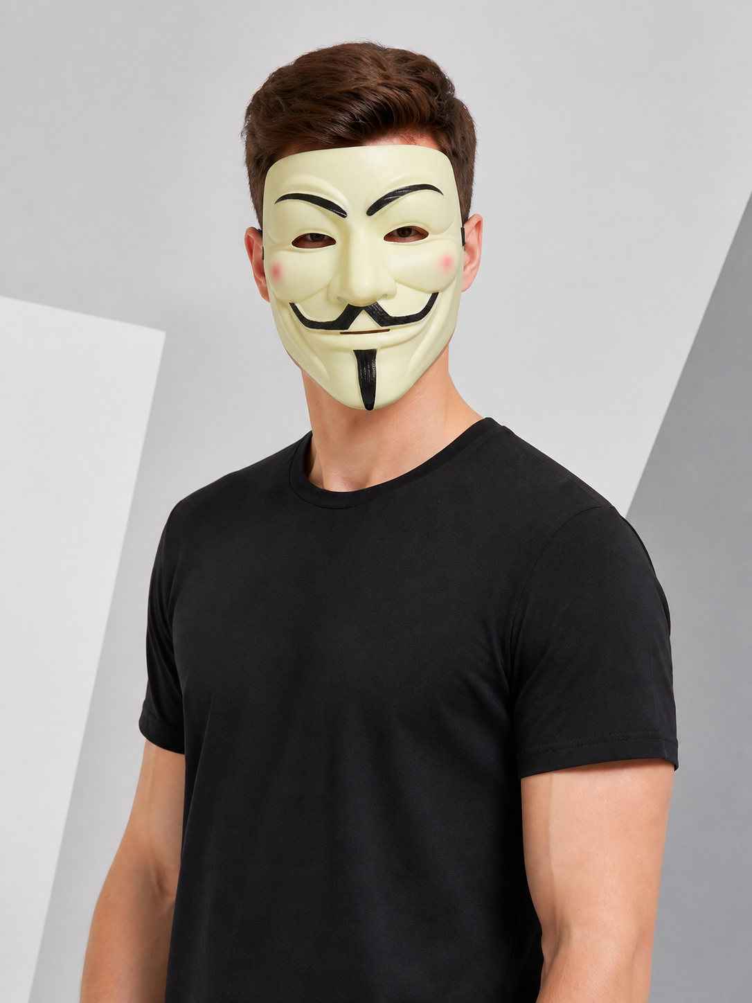 White Carnival Mask with Mustache and Beard for Halloween on-model front view