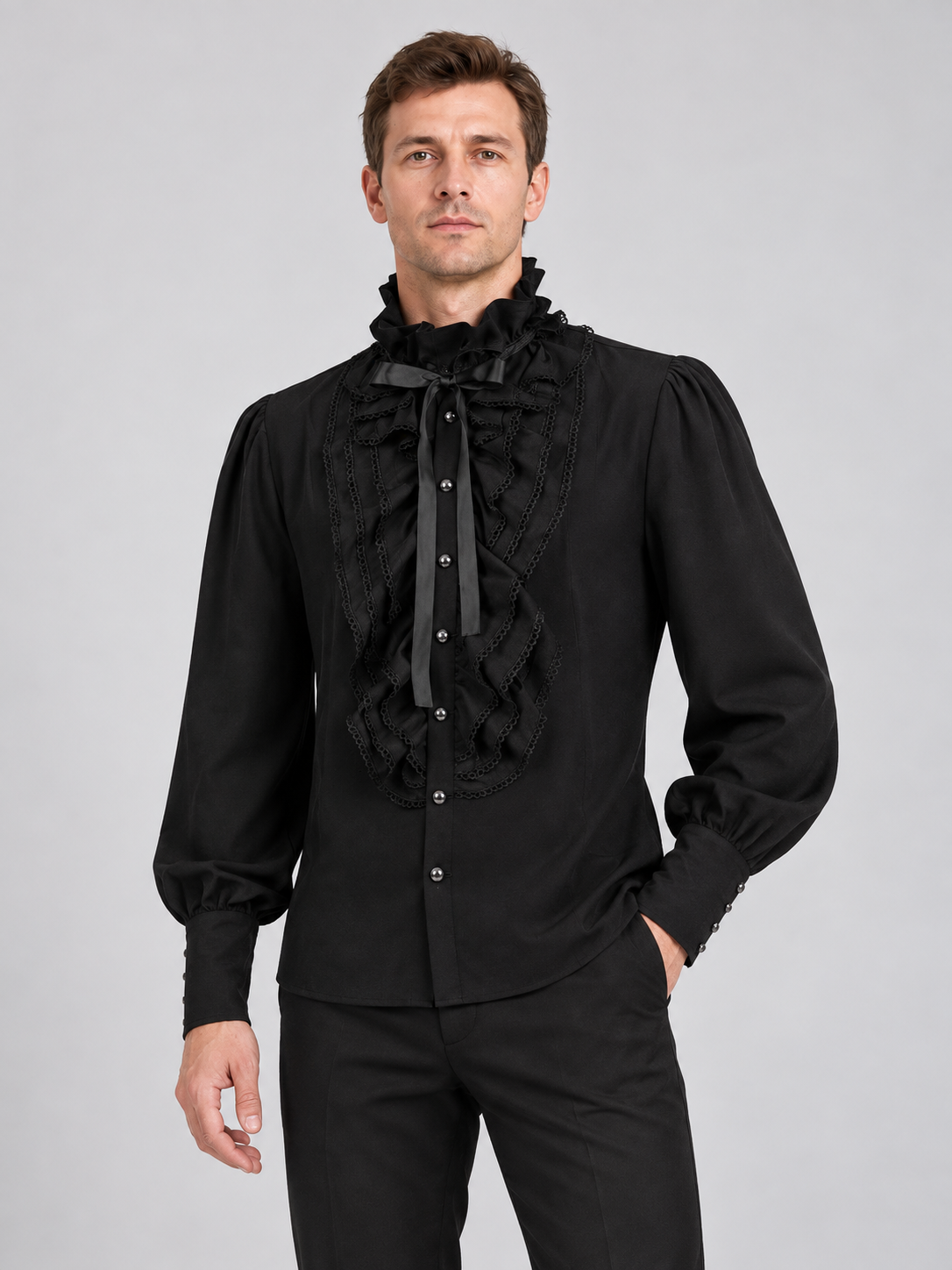 Black shirt with a high collar, ruffles, and lace