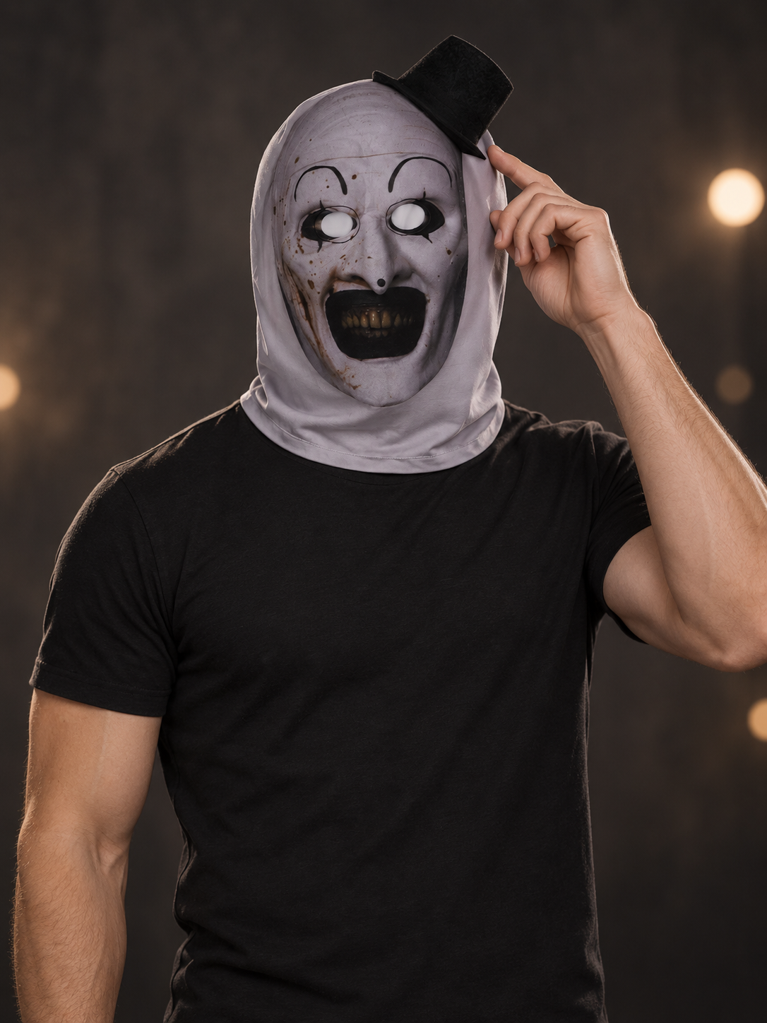 Gray Mask-Hood with a Clown Face and a Black Top Hat