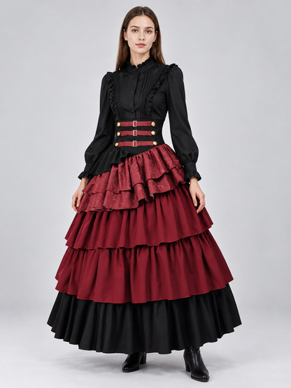 Burgundy-and-Black Tiered Skirt with Straps product detail