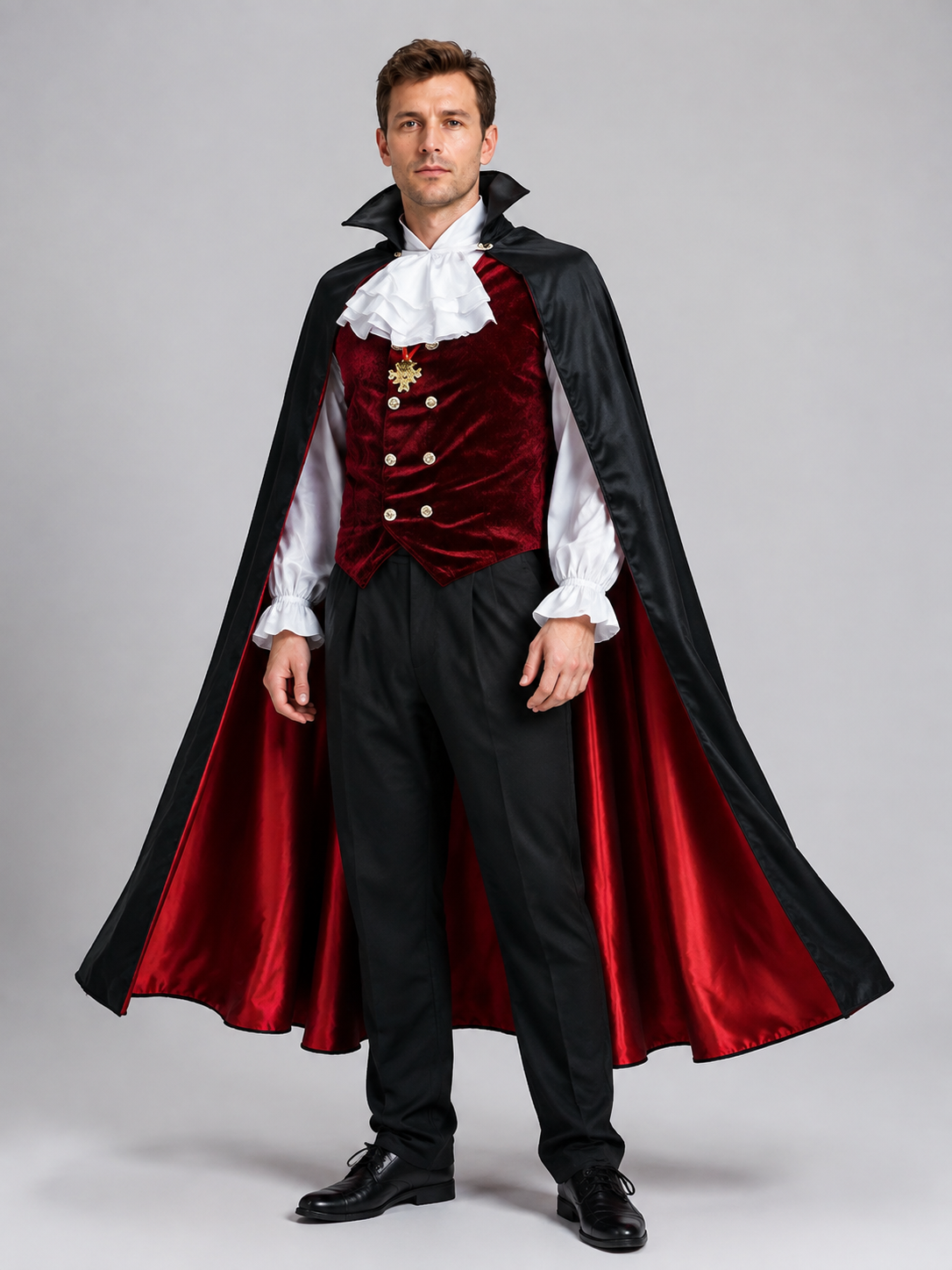 Vampire Costume with Burgundy Vest, Jabot, and Cape Costume Capes detail