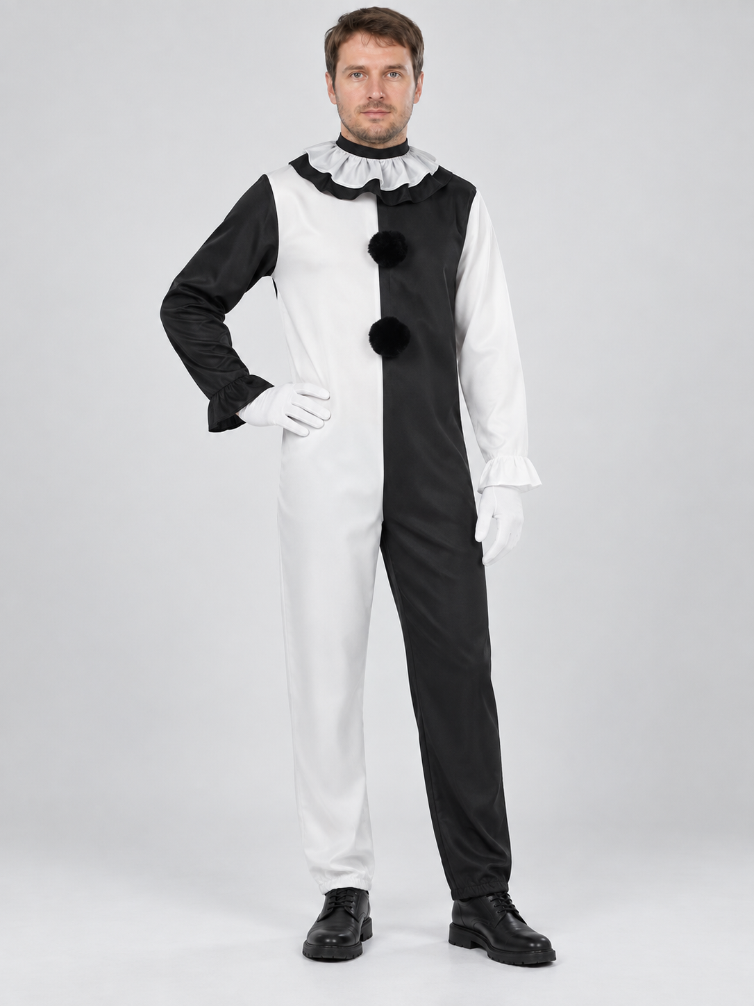 Black and White Clown Costume for Cosplay with Jabot and Pom-Poms