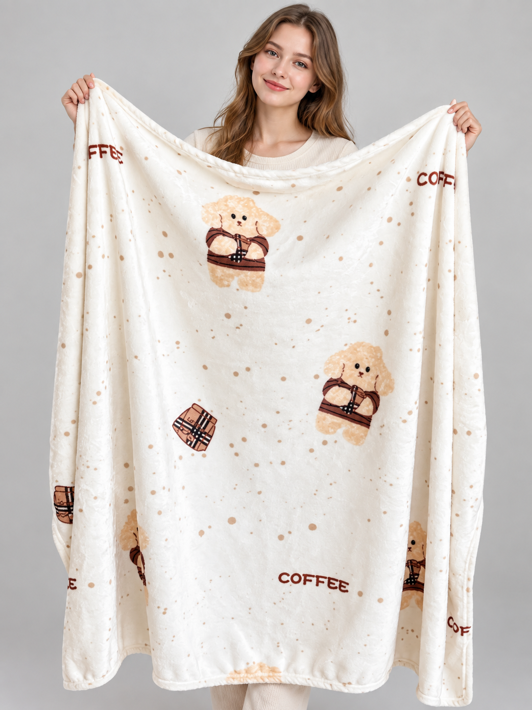 Throw Blanket with Dog and Coffee Cup Pattern
