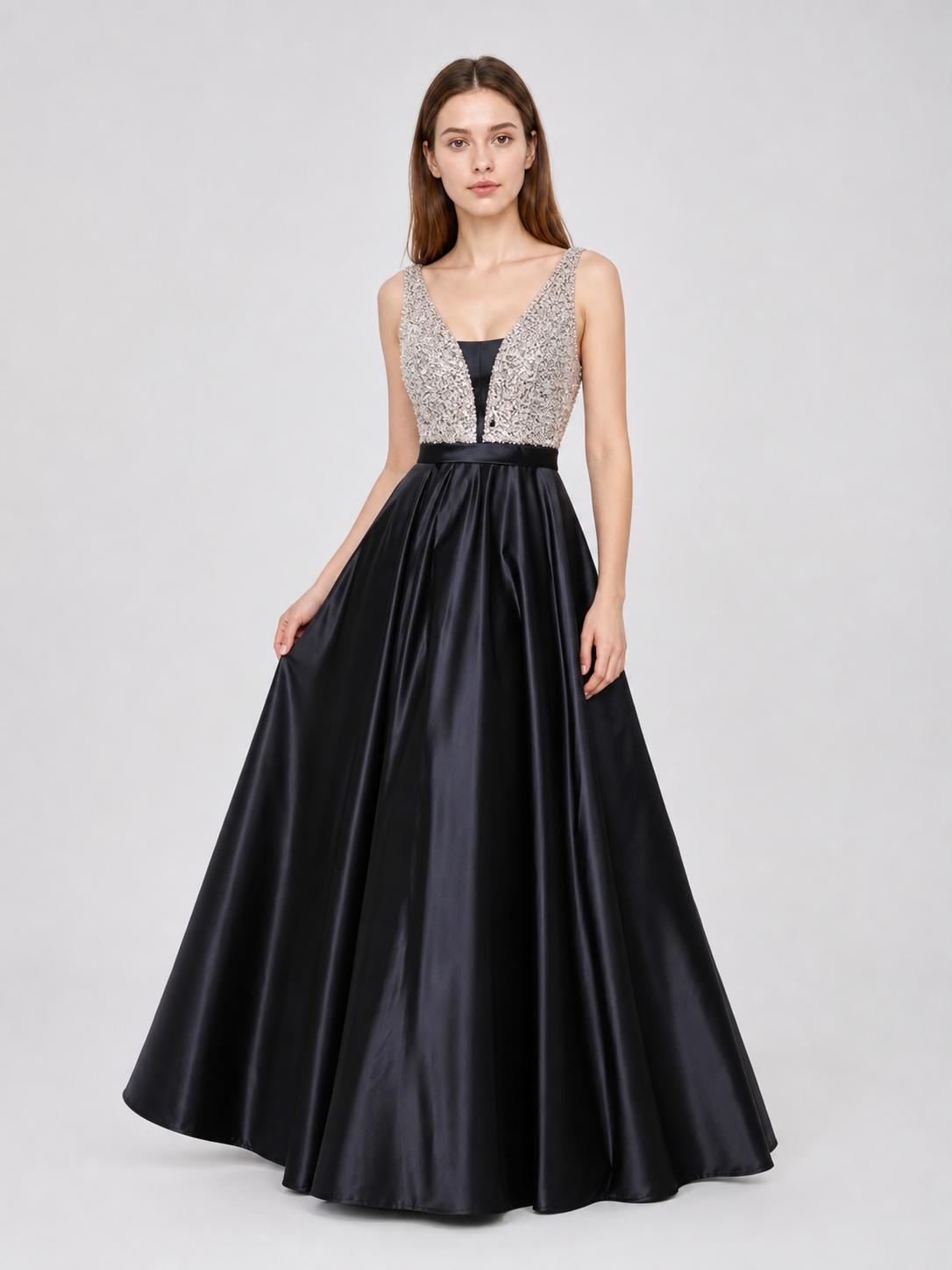 Elegant floor-length dress with a V-neckline