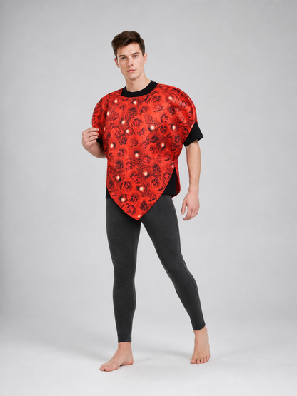 Bright heart-shaped costume with a floral print. A voluminous silhouette with a pointed lower edge and wide short sleeves that extend from the sides of the garment. The surface is decorated with an allover floral pattern reminiscent of rose