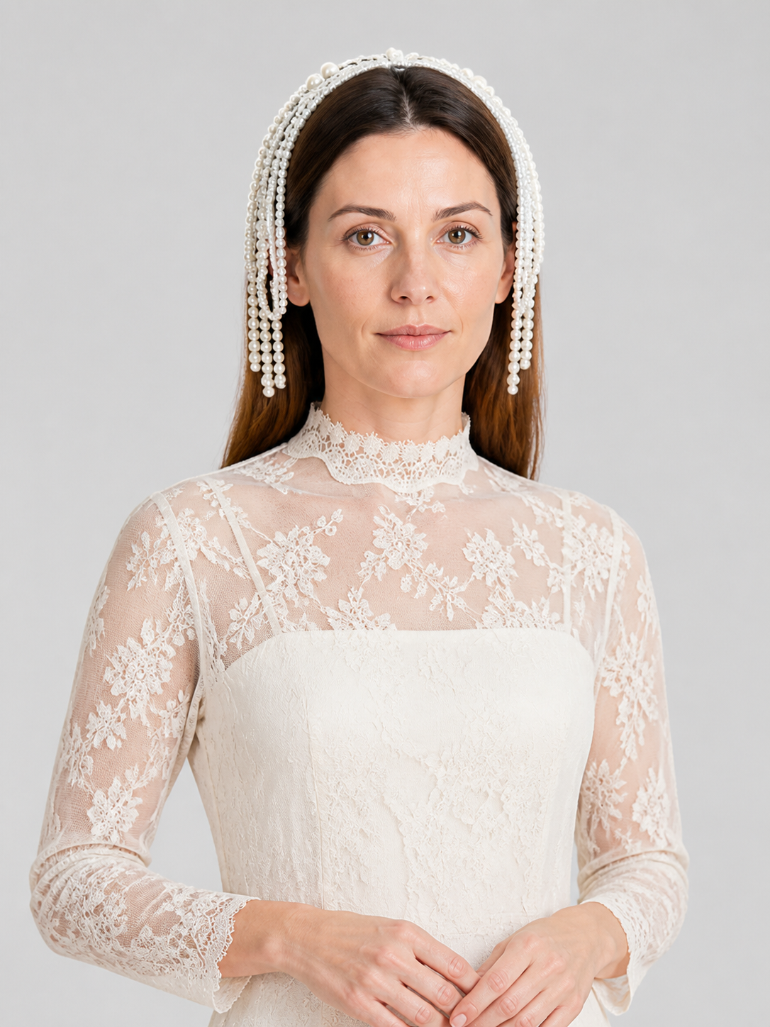 Carnival Headpiece with White Pearl Chains Costume Headwear detail