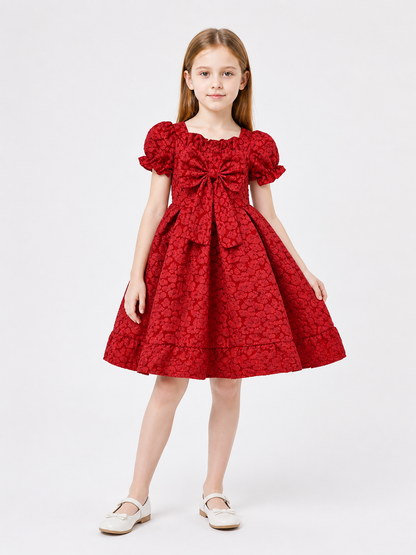 Red Dress with Puff Sleeves and a Bow Costume Dresses detail