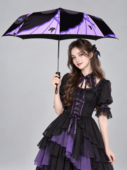 Foldable Automatic Umbrella Black and Purple with Print