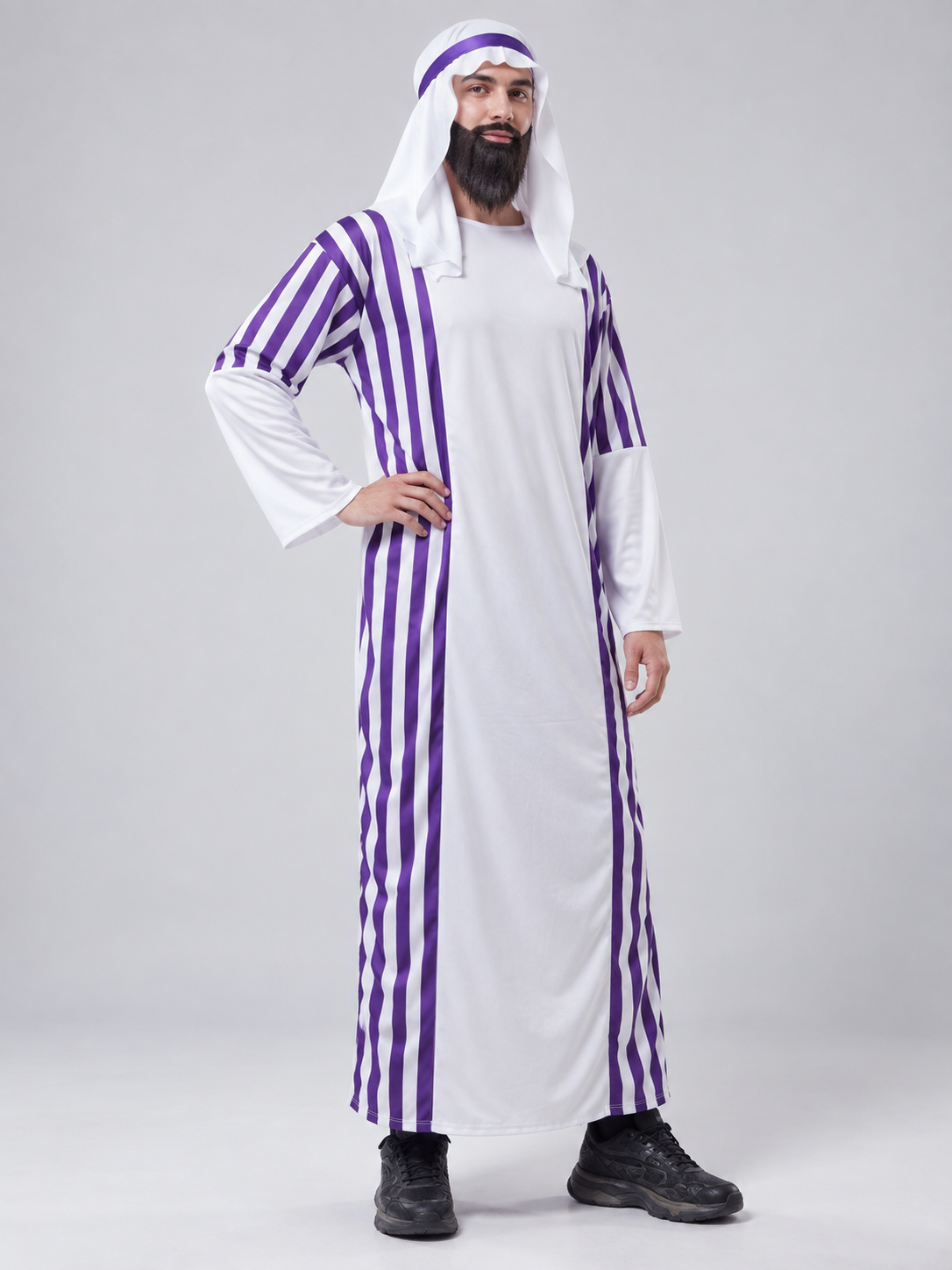 White carnival costume with purple stripes