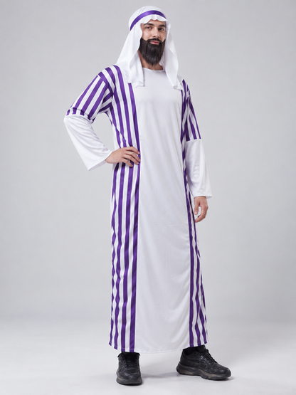 White carnival costume with purple stripes