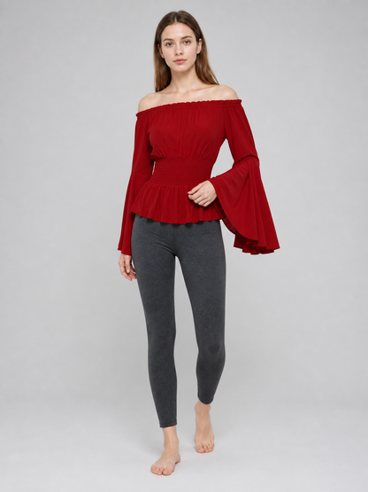 Long-Sleeve Peplum Blouse, Deep Red