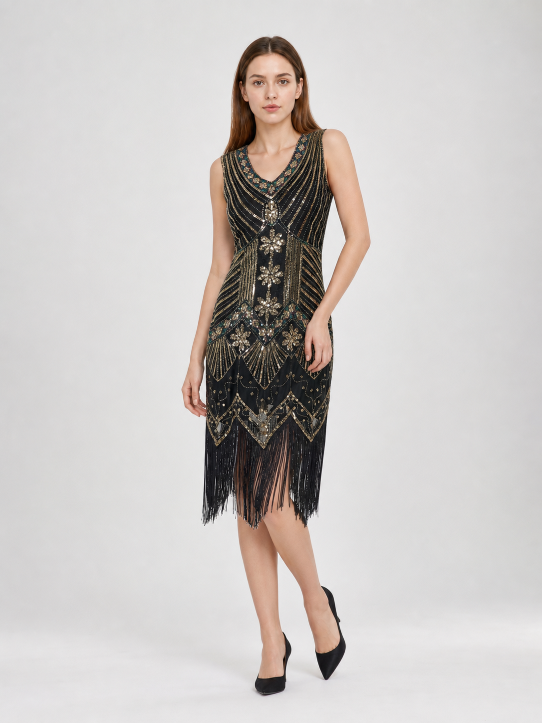 Art Deco Dress with Geometric Embellishment and Fringe