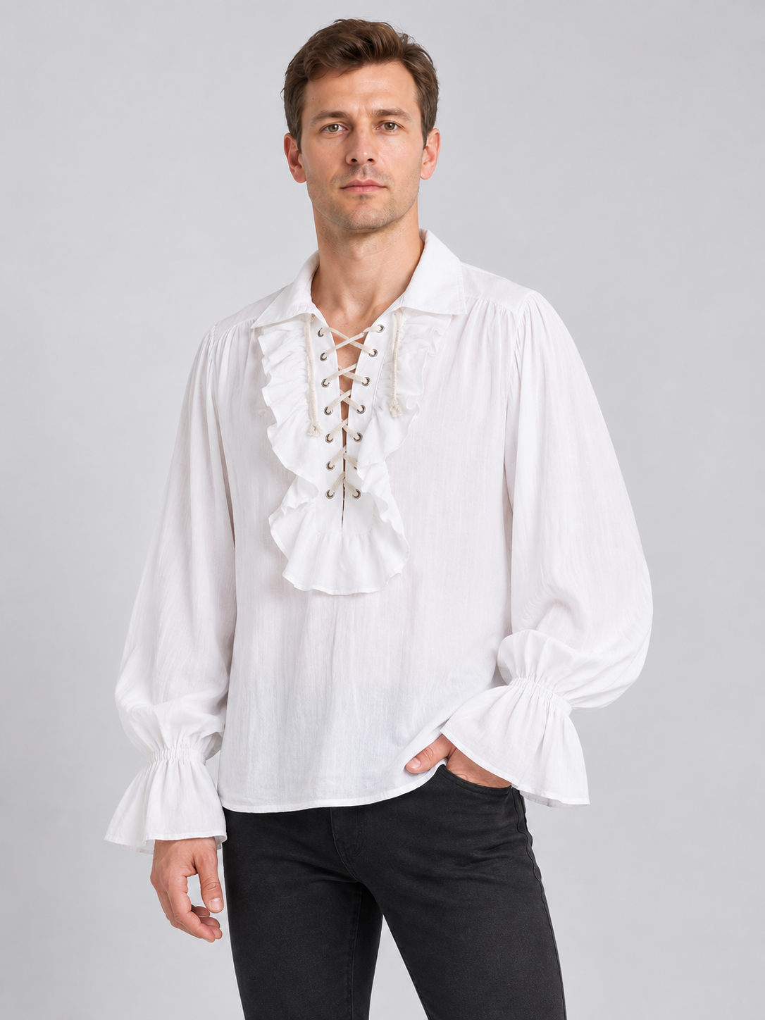 White shirt with puffy sleeves, collar, and lacing