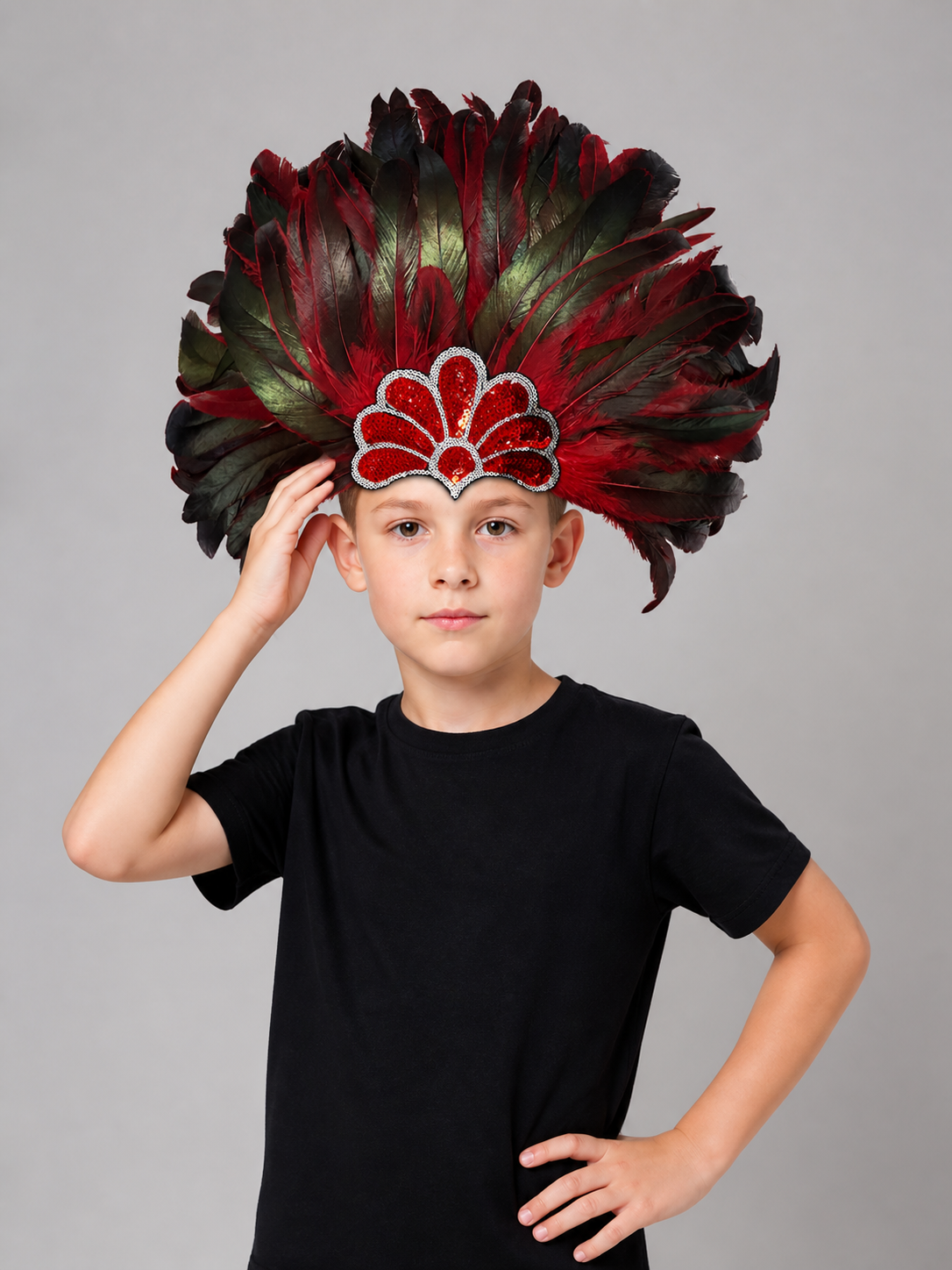 Carnival Headpiece with Red and Black Feathers Costume Headwear detail