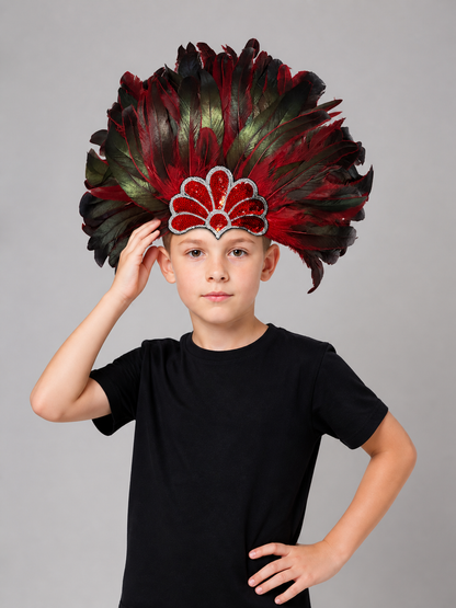 Carnival Headpiece with Red and Black Feathers Costume Headwear detail
