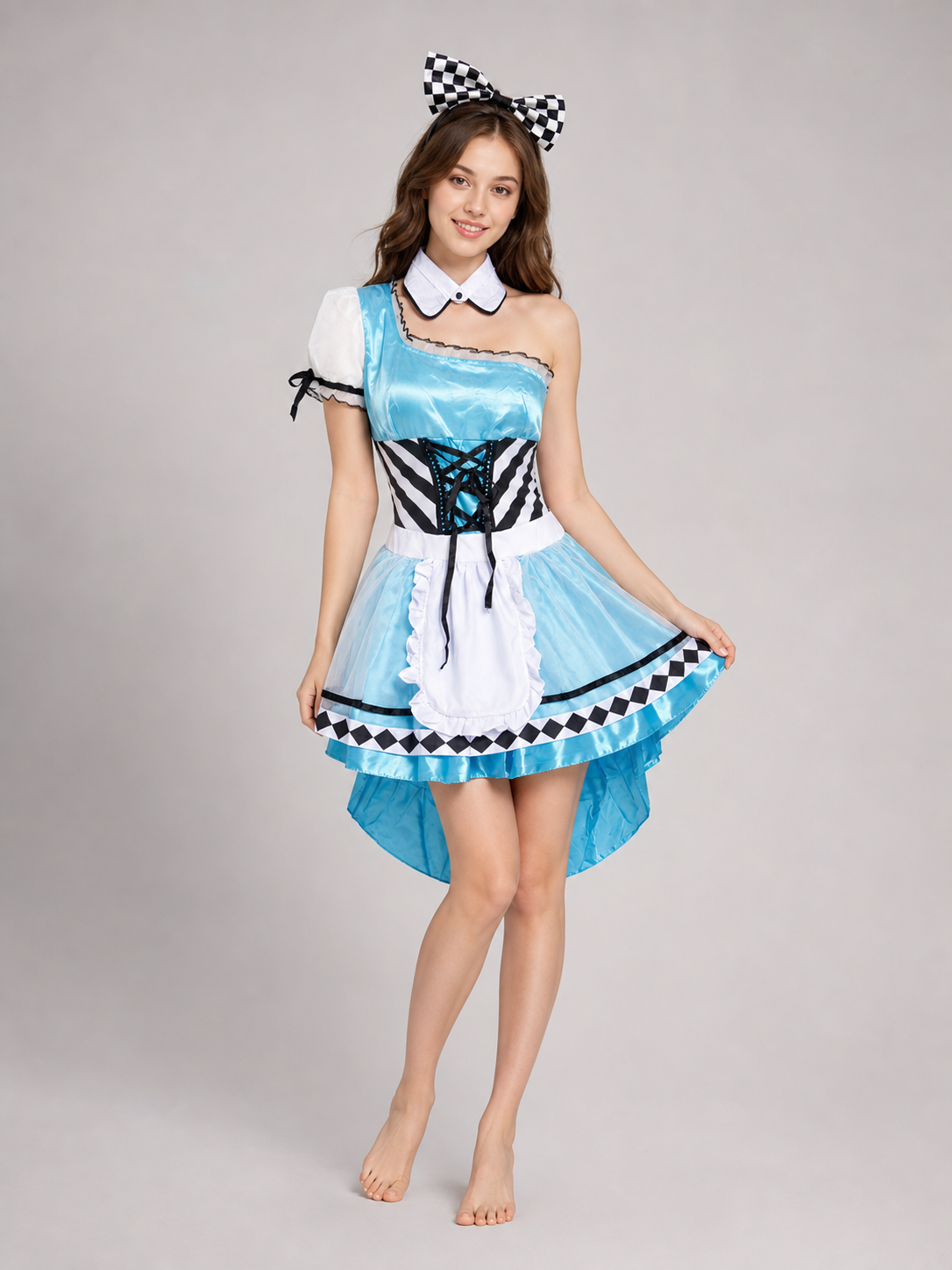 The set is designed as a cosplay dress with decorative princess-style details and includes a dress, a separate collar accessory, and a headband with a bow. The look is centered around a light blue dress with a full, layered skirt and a whit