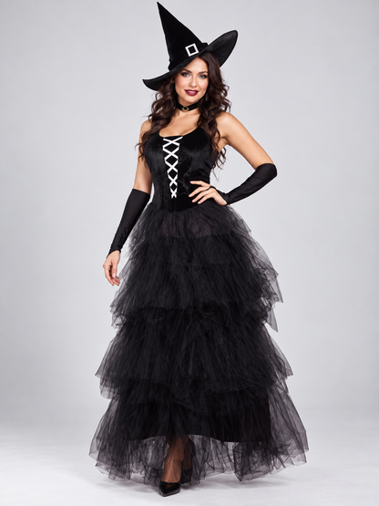 Witch Halloween Costume with Black Dress and Hat