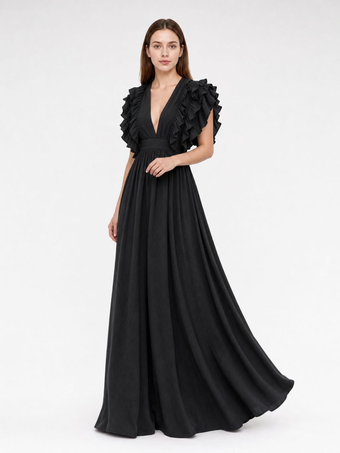 Floor-Length Evening Dress with a Deep V-Neckline