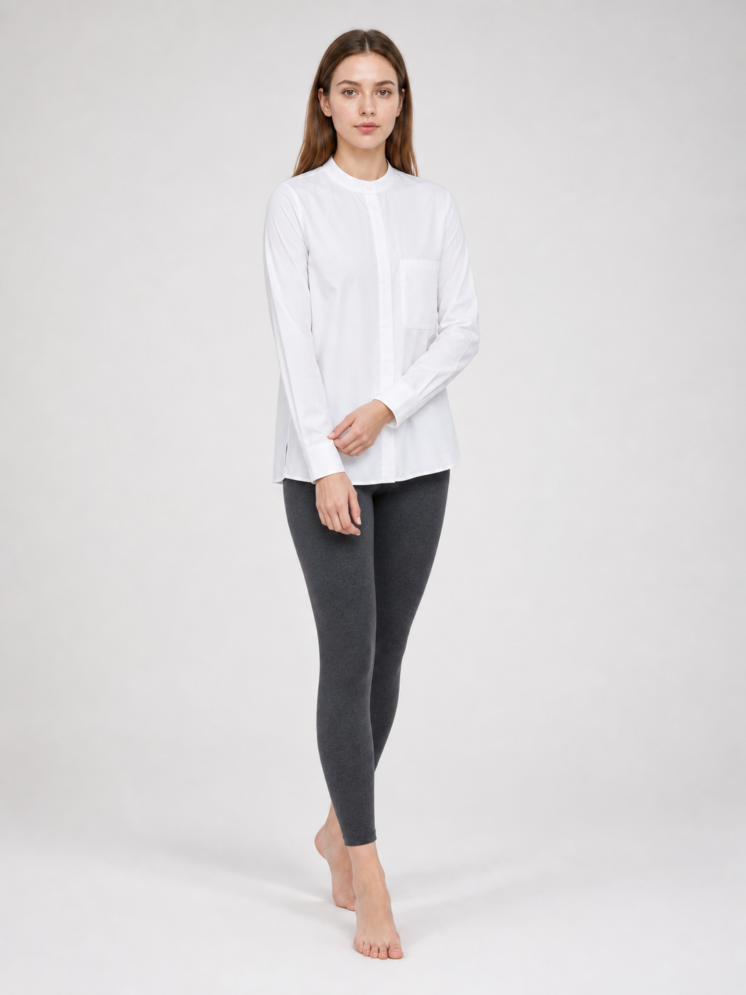White Stand-Collar Shirt with Chest Pocket