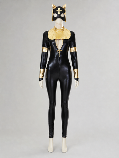 Black and gold jumpsuit costume featuring a cat theme, intended for creating a cosplay and Halloween look. The design is a one-piece construction with long sleeves and full-length pants, complemented by decorative elements in black and gold