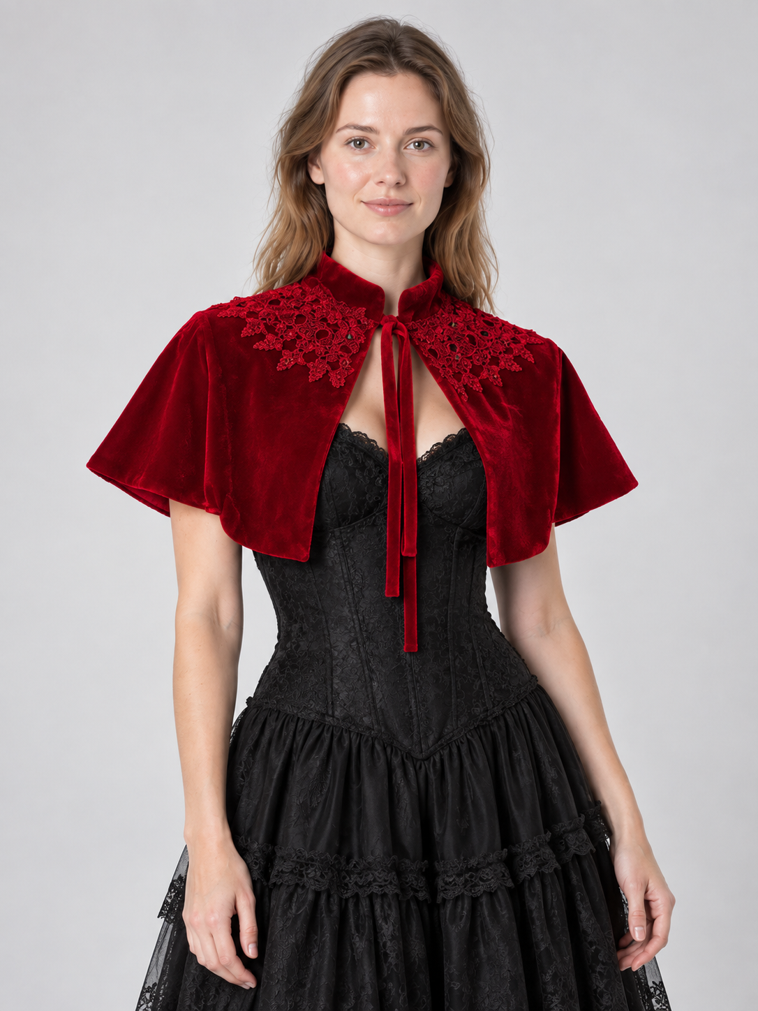 Red velvet capelet with lace trim and ties