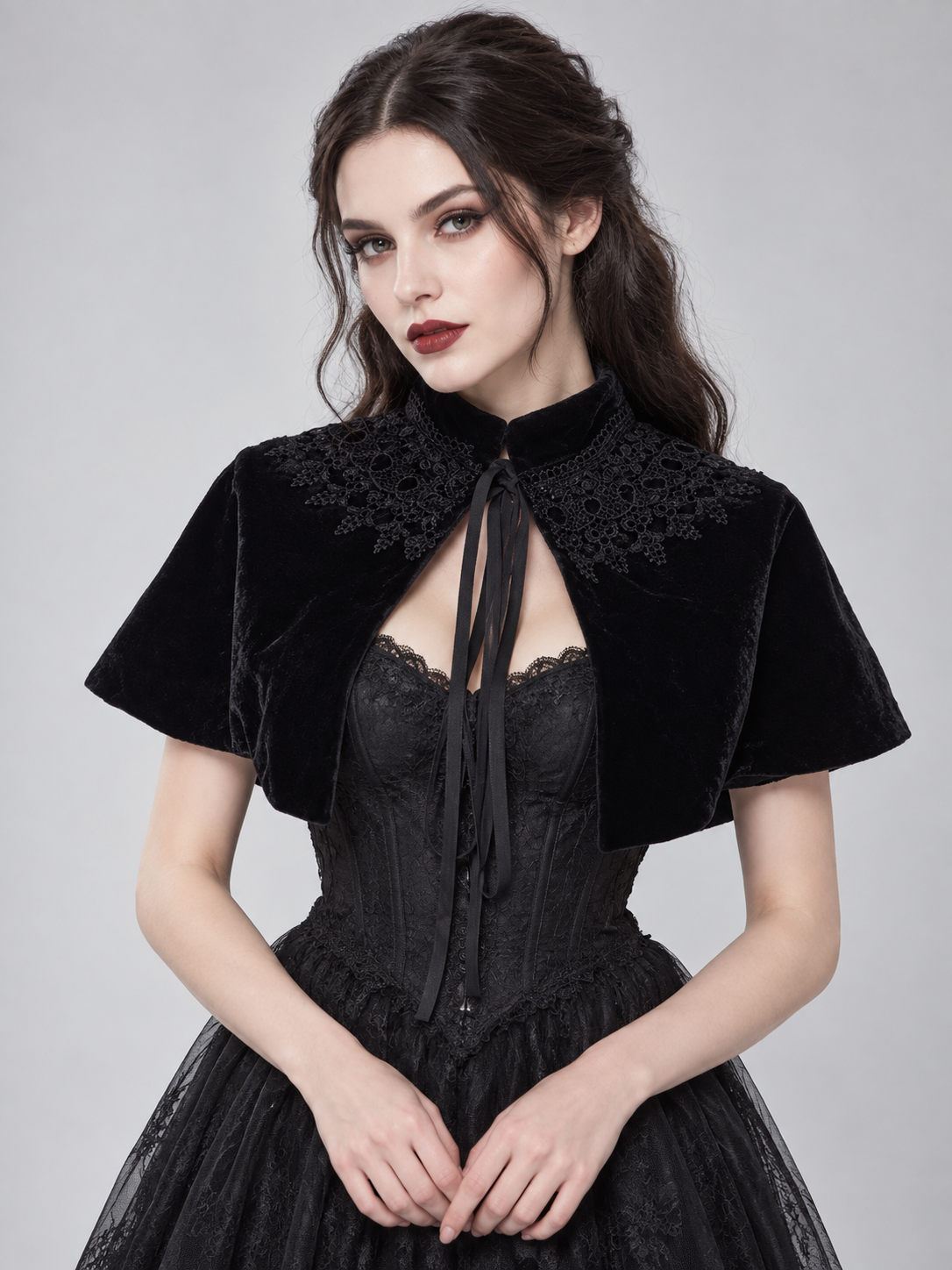 Black Velvet Short Capelet with Lace and Ties