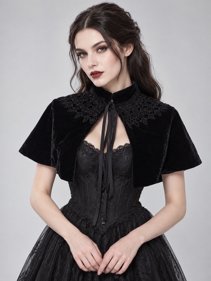 Black Velvet Short Capelet with Lace and Ties