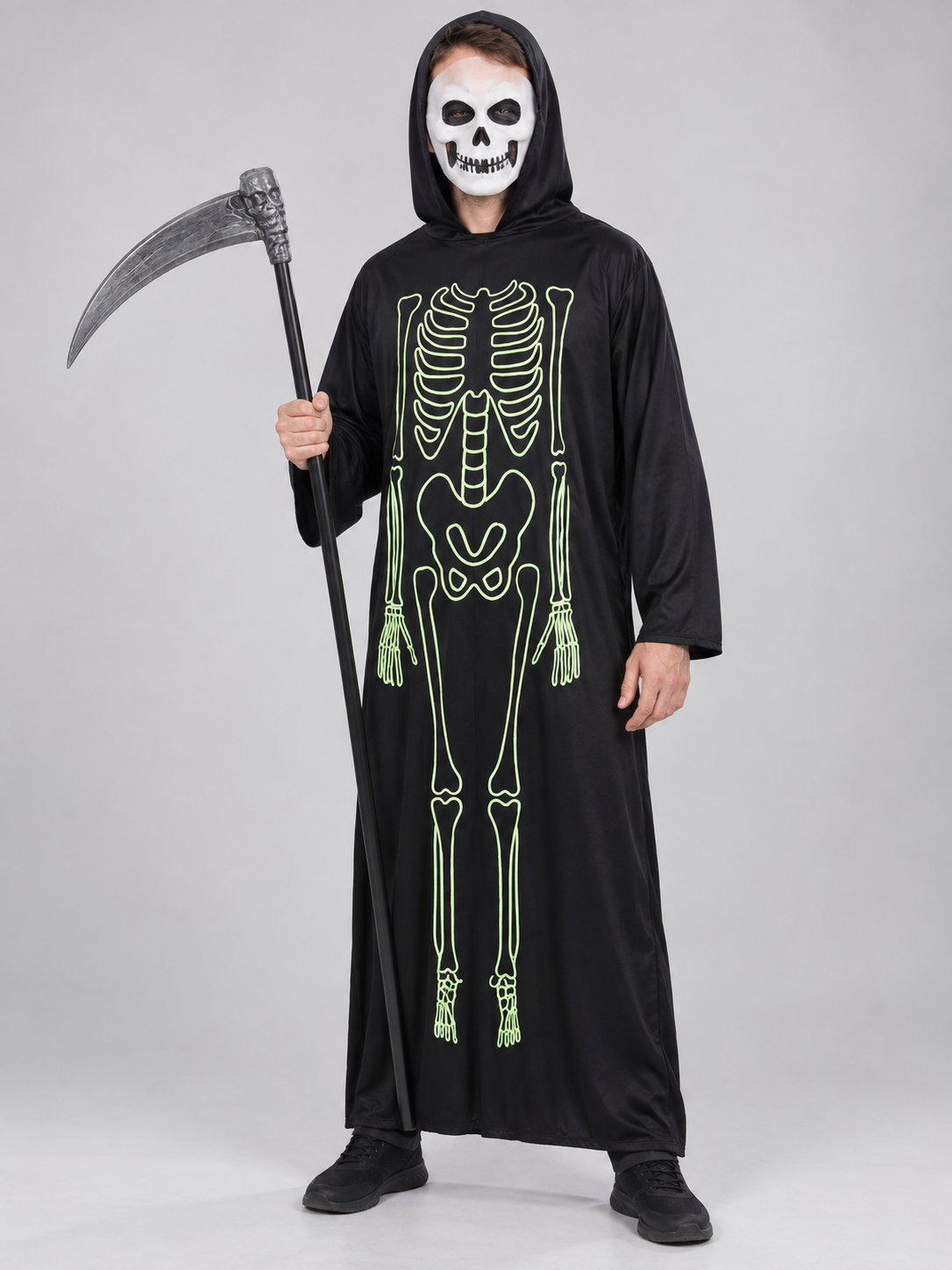 Black Skeleton Costume with Hood, Mask, and Scythe