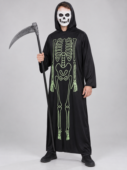 Black Skeleton Costume with Hood, Mask, and Scythe